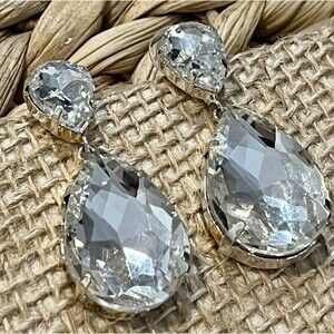 Vintage Roman Rhinestone Oval Drop Dangling Pierced Earrings Glam Holiday